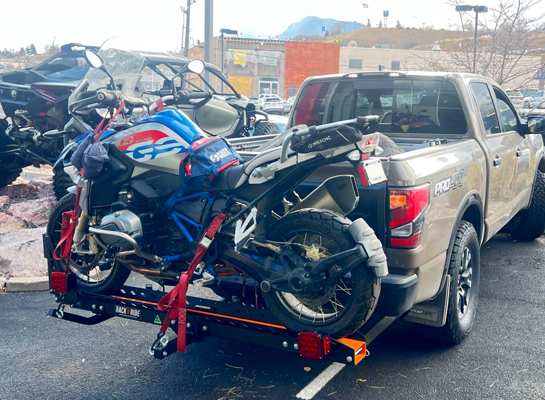 BMW R 1200 GS motorcycle on Rack N Ride ADV hitch carrier