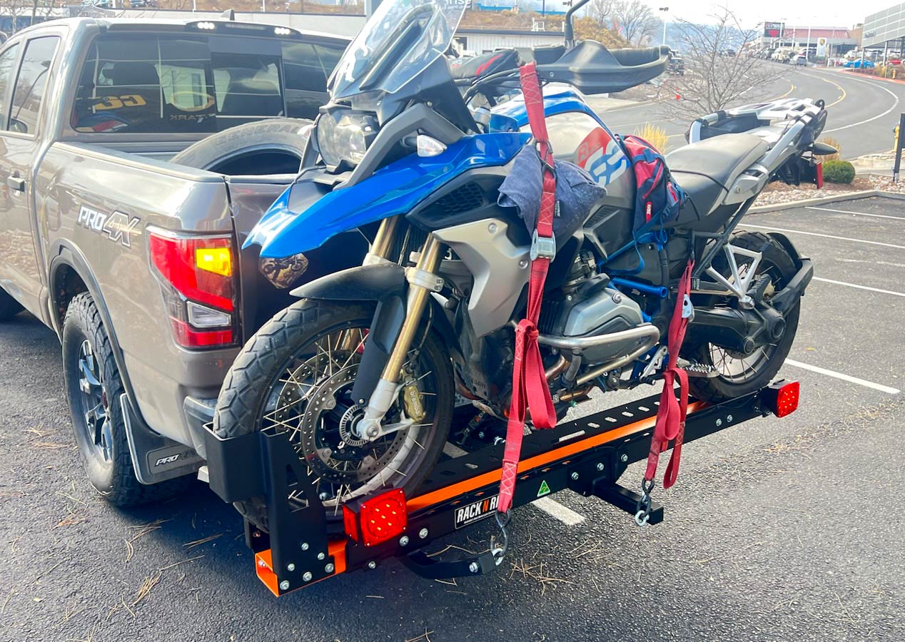BMW R 1200 GS motorcycle on Rack N Ride ADV hitch carrier in downtown Denver CO