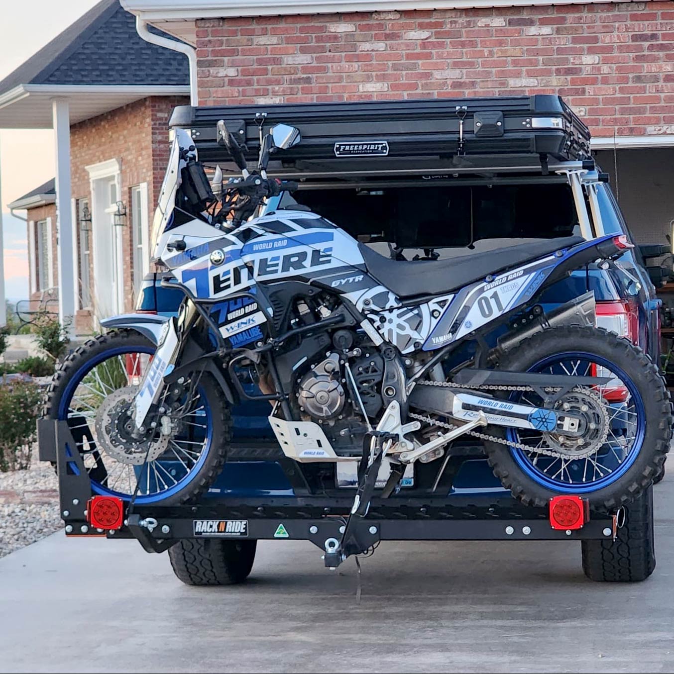 Yamaha Ténéré 700 World Raid with GYTR® tied down on top of Rack N Ride ADV motorcycle carrier