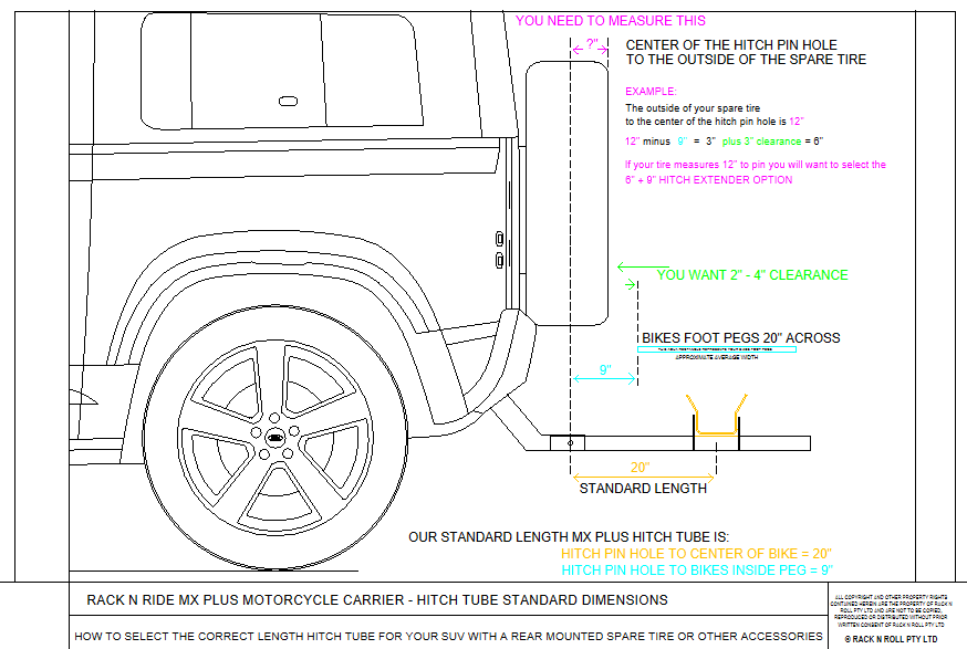 Rack N Ride MX Plus Carrier SUV fitment dimensions with a rear-mounted spare tire